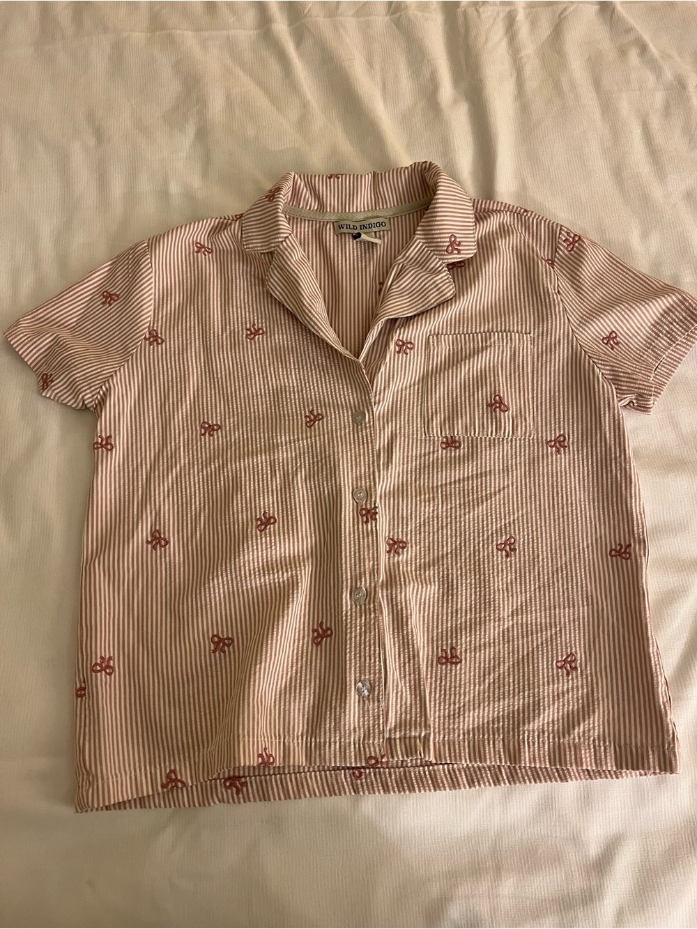 Wild Indigo Pink Striped Bow Detail Collared Short Sleeve PJ Shirt Size Medium